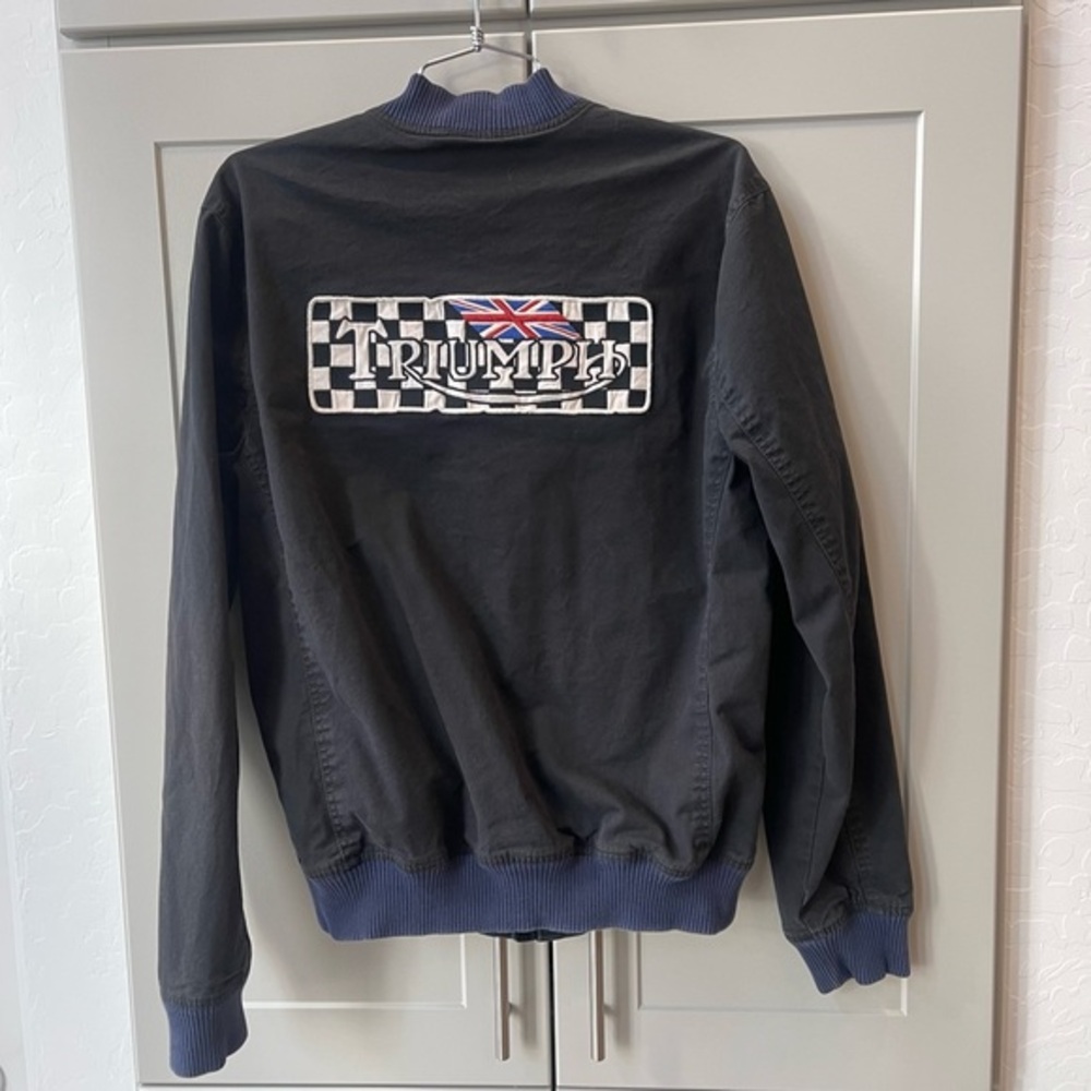 Mens Lucky Brand Triumph Black Blue Bomber Jacket Patches Medium Racing Flag